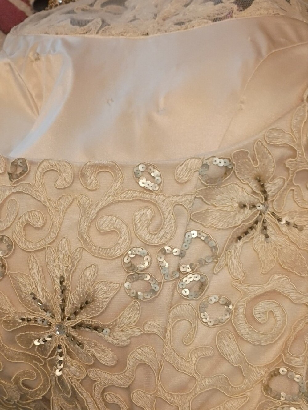 Sue Wong Ivory Lace Beaded Illusion Neck Midi Dress, Silver Sequins, Open Back - Picture 14 of 16